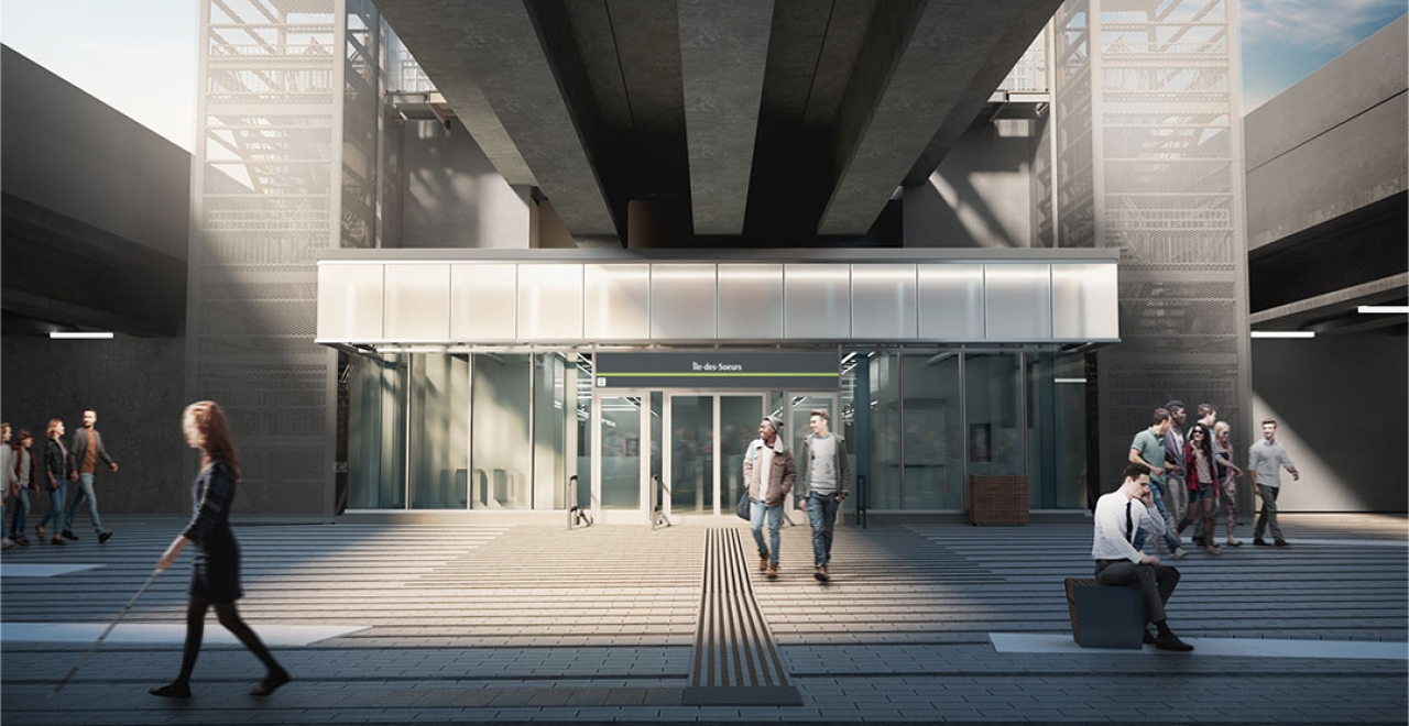 The entrance of the station is surmounted by a luminous banner. All REM stations are universally accessible. / Image for indicative purposes only. Updated - April 2022